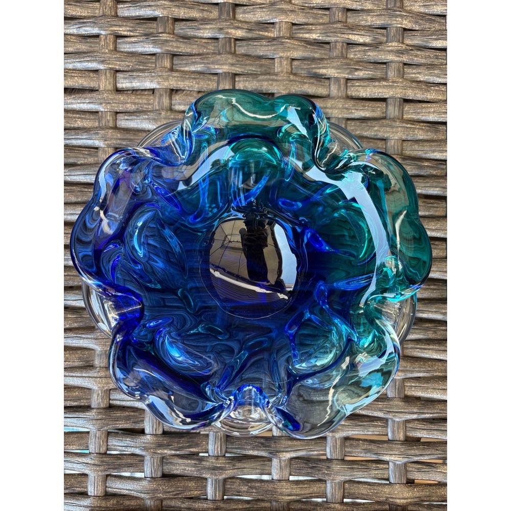 Vintage Murano Style Art Glass Ruffled Bowl Cobalt Blue Emerald Green 7 Inch - Picture 8 of 9